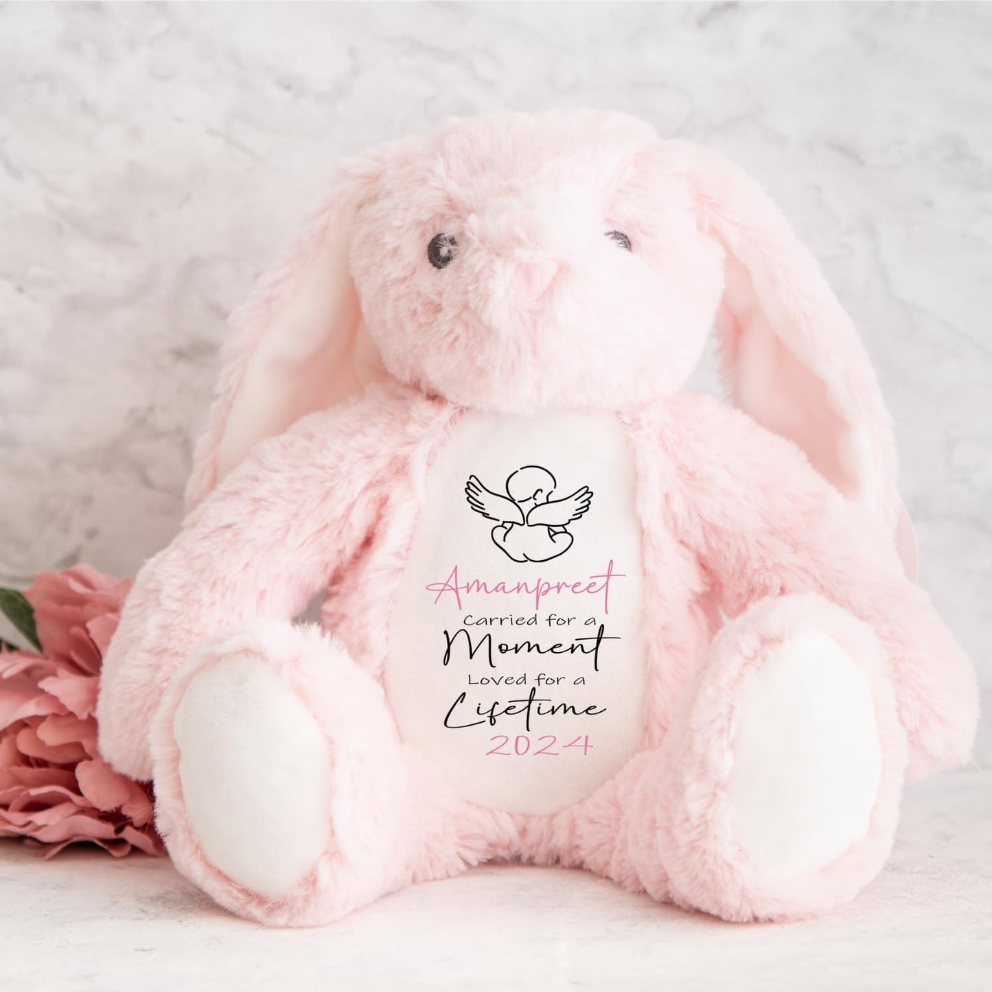 Personalised Teddy Baby Memorial Keepsake | Customised with Name or Message | Tribute for Baby Loss | Velveteen Rabbit Soft Toy | Grey, White