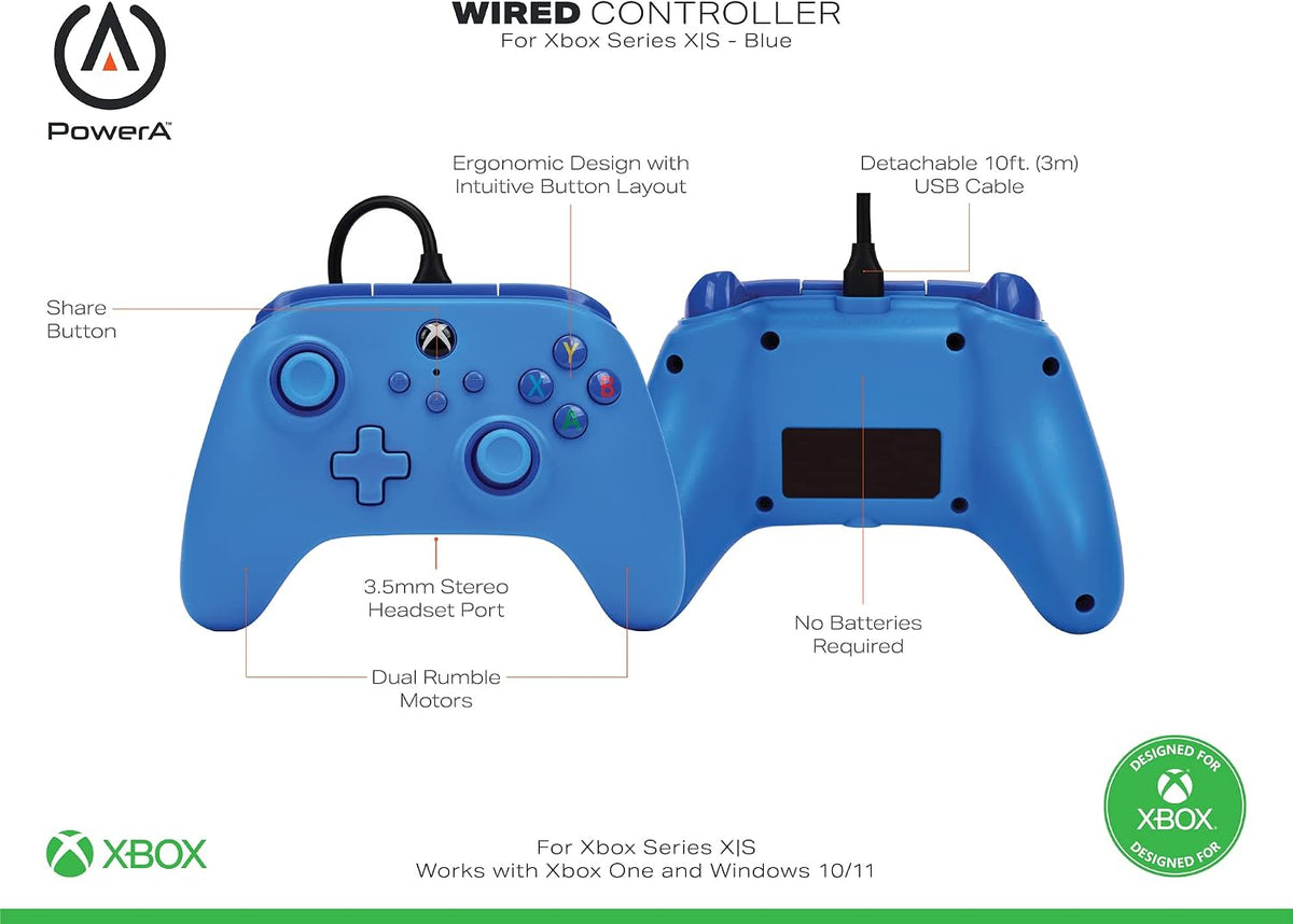 PowerA Wired Controller For Xbox Series X & S, Xbox One, PC, Windows 10 & 11, Dual Rumble Motors, Detachable 10ft USB Cable, 3.5mm Stereo Headset Jack, Official: Blue