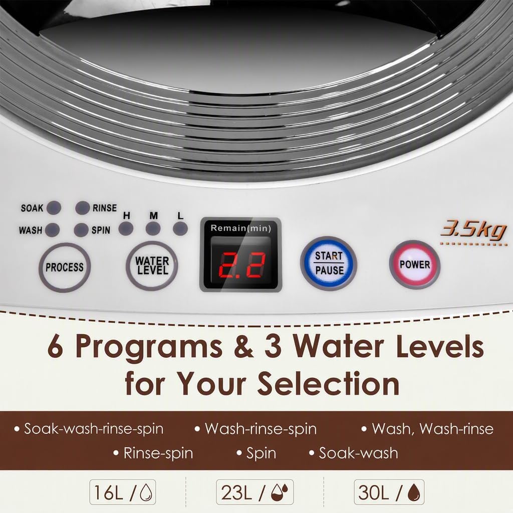 COSTWAY 2 in 1 Portable Washing Machine - 6/10 Programs, Adjustable Water Level, Fully Automatic Compact Washer Spin Dryer with Drain Pump for Apartment Dorm (4.5kg Load, 10 Program, 8 Water Level)