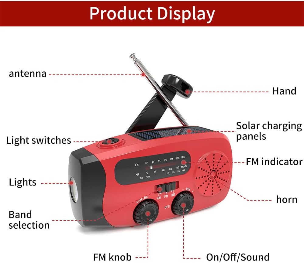 Wind Up Radio, Solar Emergency Radio, Portable Hand Crank Radio Torch