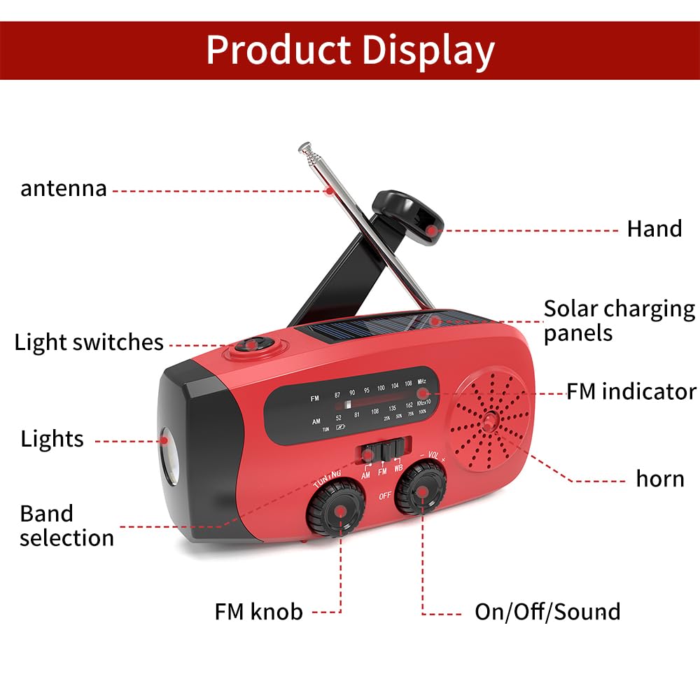 Wind Up Radio, Solar Emergency Radio, Portable Hand Crank Radio Torch