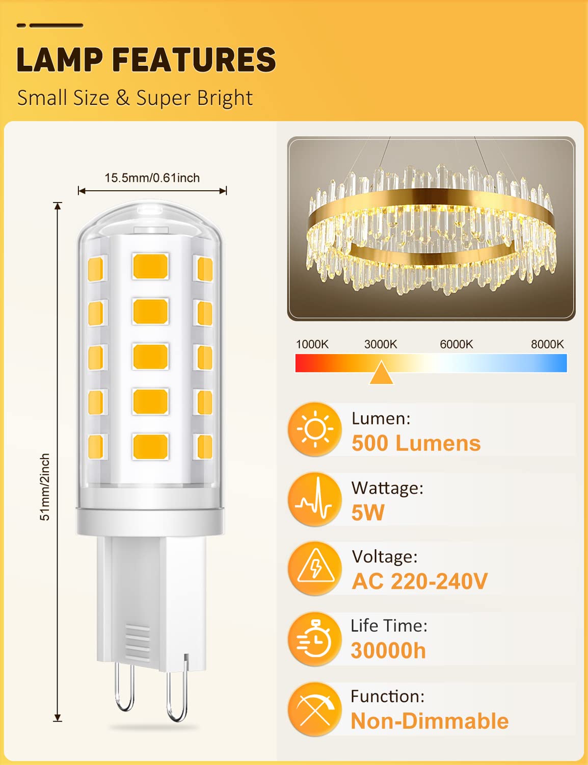 G9 Led Bulbs Cool White 5W 500LM 6000K, Equivalent to 50W Halogen