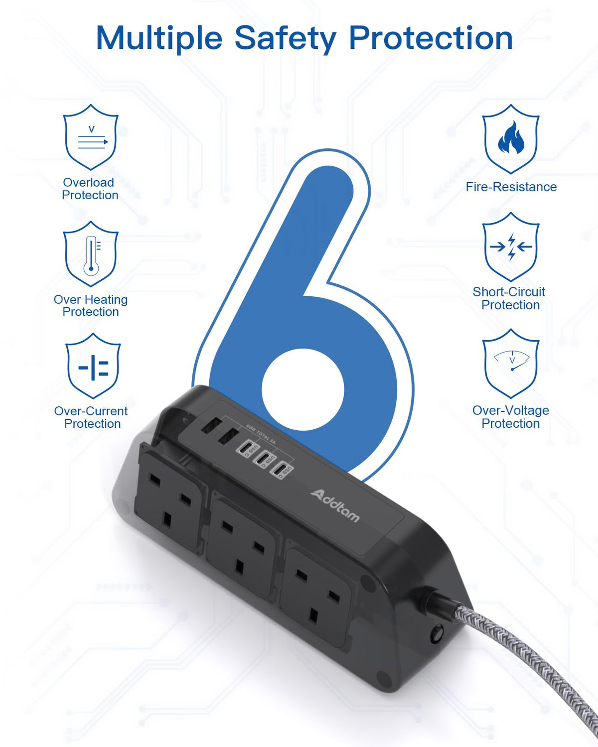 Addtam Extension Lead with USB Slots, 6 Way Outlets 5 USB(5A, 3USB- C Port)