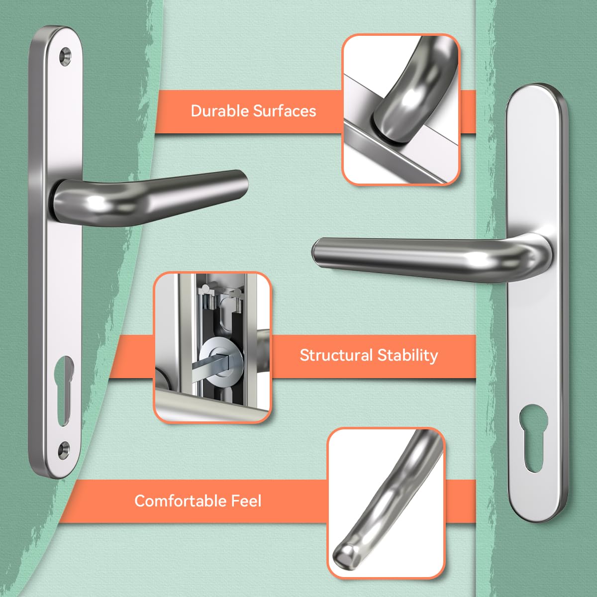 Bwintech 1 Set Black UPVC Door Handle Set, 92mm Backset,122mm Screw Hole Distance, 210mm Plate Length Front Door Handles for UPVC Door