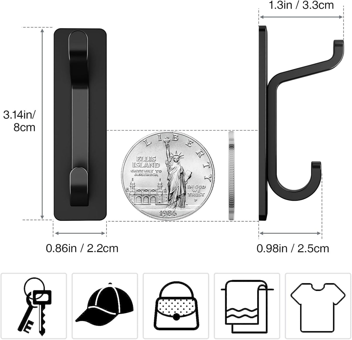 pickpiff Self Adhesive Hook, 6KG Extra Sticky and Strong, Black 4 Pack