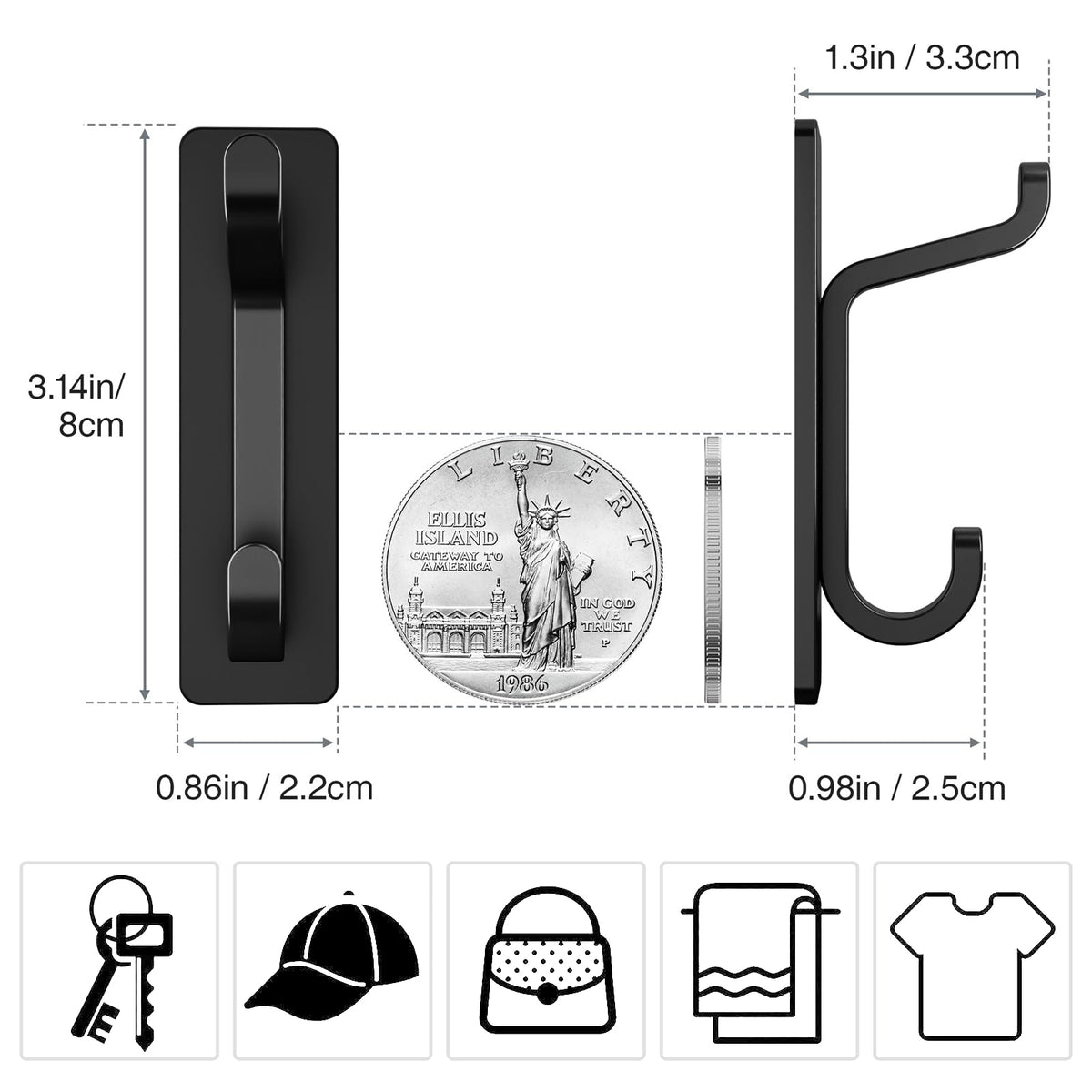 pickpiff Self Adhesive Hook, 6KG Extra Sticky and Strong, Black 4 Pack
