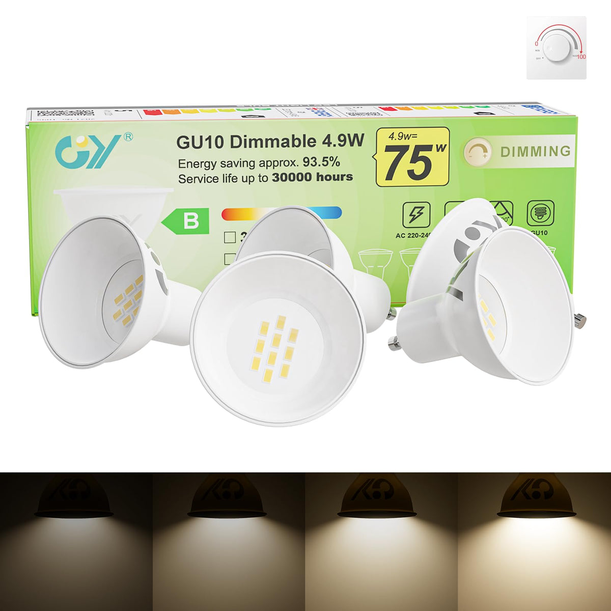 GY GU10 LED Bulb 4.9W 790lm Cool White 6500K Energy Saving LED Bulb, The New UK Energy Efficiency Class B Replaces 80W, 110°Beam Angle Non-Dimmable, 10 Pack