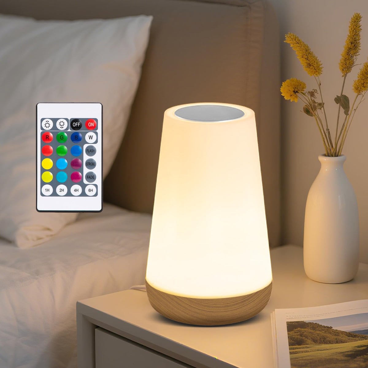 Ledivion Night Light, LED Touch Bedside Table Lamp, RGB Colours Changing, 5 Brightness Level, Timing Function, Dimmable Rechargable Remote Control Light for Bedroom, Living Room