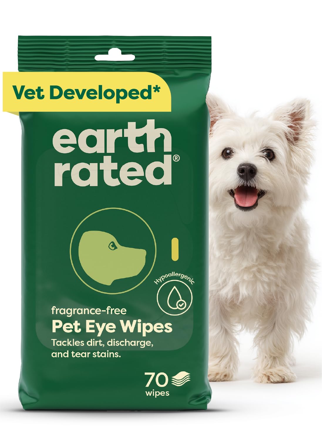 Earth Rated Pet Wipes for Dogs, Hypoallergenic, Cleaning and Hydrating, for Grooming Paws, Body and Bums, Unscented, 100 Count