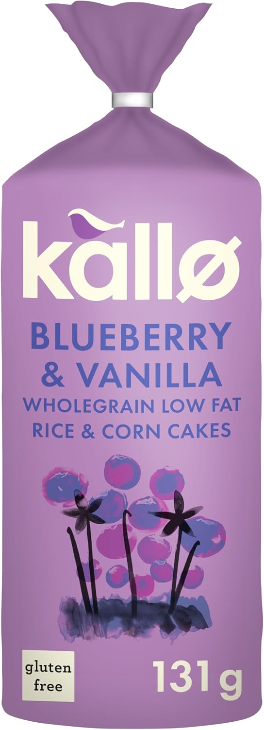 Kallo Blueberry & Vanilla Corn & Rice Cakes, Wholegrain Low Fat Healthy Snacks for Adults & Children, Vegan Friendly, Gluten Free, No Artificial Flavours or Preservatives, Single Pack – 1 x 131g