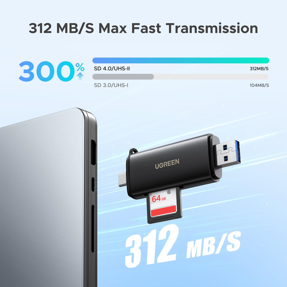 UGREEN SD Card Reader 3.0, USB-C & USB-A Memory Card Reader 170MB/s(Grey)