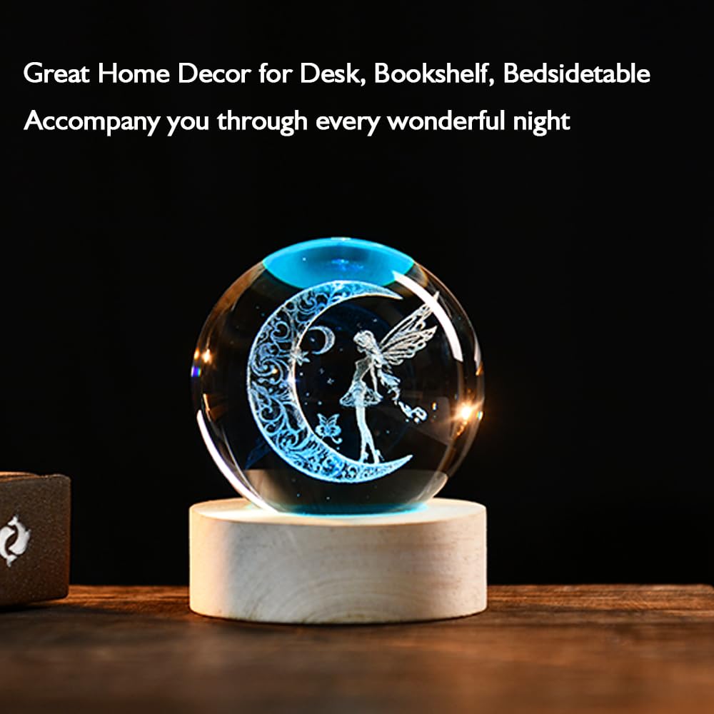 3D Fairy Crystal Ball 60mm Glass Fairy with Flower Night Light Gifts for Girl Women with Light Base
