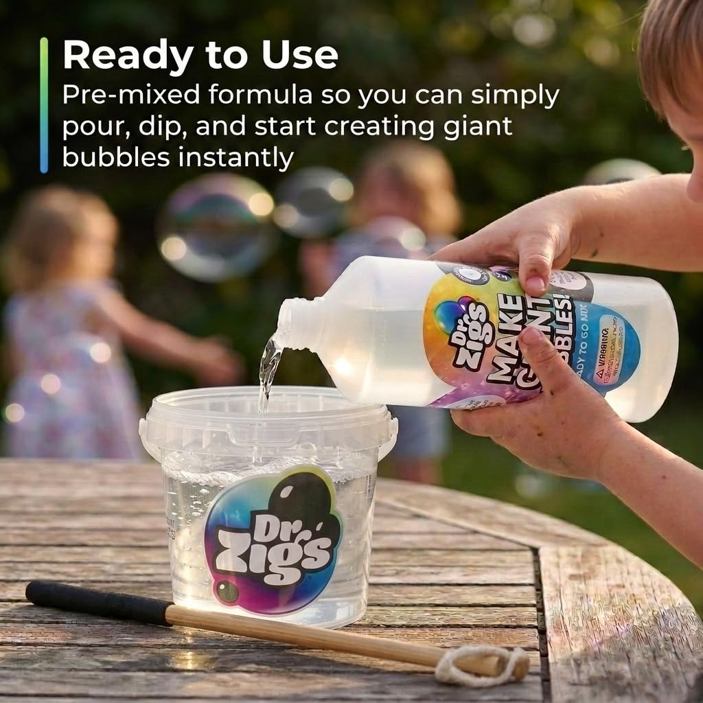 Dr Zigs Giant Bubble Solution 1L - Ready to Use Bubble Mix - Liquid for Giant Bubbles - Eco Friendly Bubble Solution for Kids Outdoor Toys & Garden Play, Made in UK
