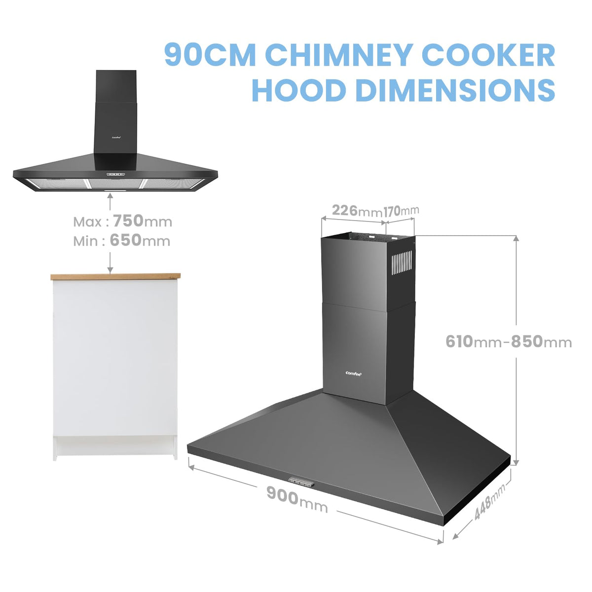 COMFEE' 90cm Chimney Cooker Hood, Class A++ Wall Mounted Kitchen Extractor