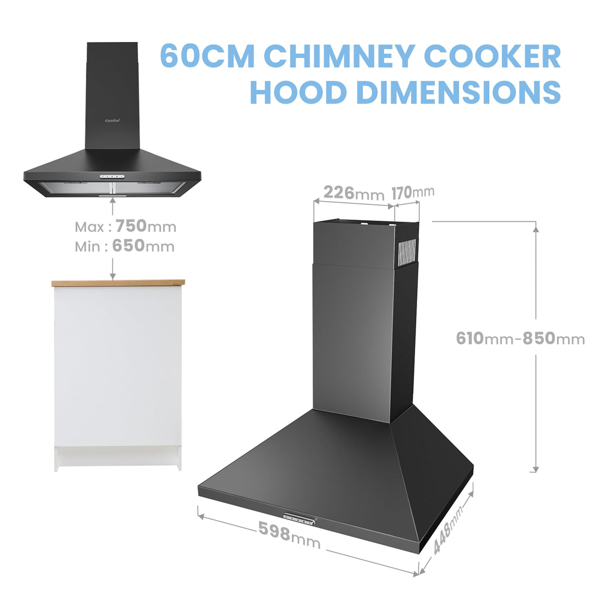 COMFEE' 90cm Chimney Cooker Hood, Class A++ Wall Mounted Kitchen Extractor