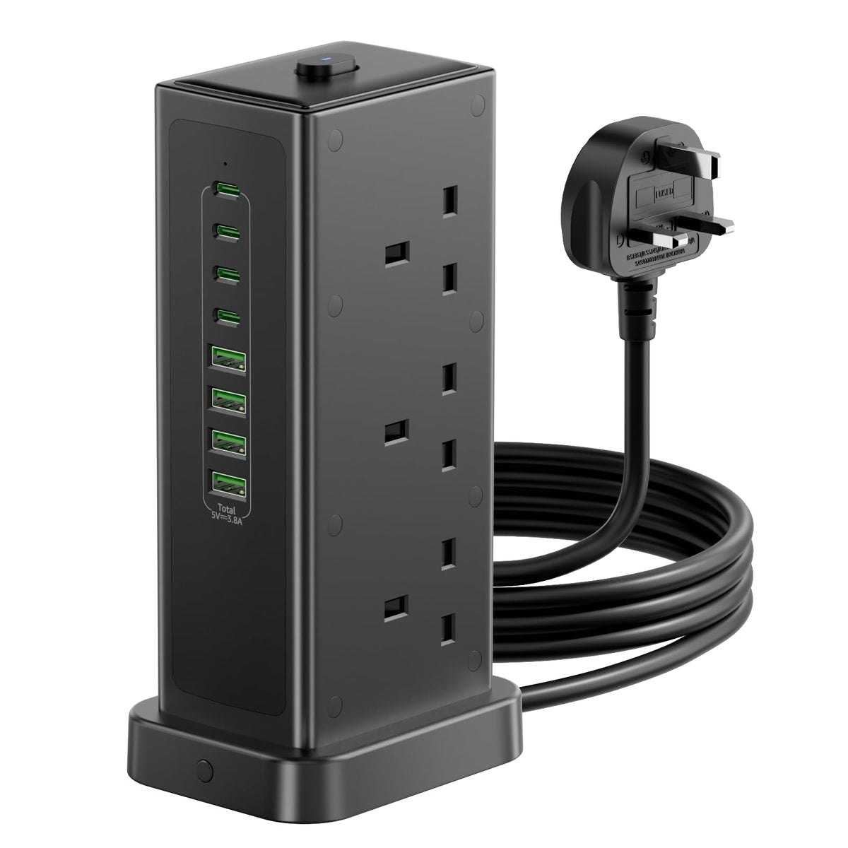 Tower Extension lead with USB Slots,6 Way Plug Extension Socket 3 Metres