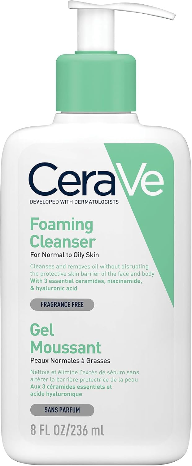 CeraVe Foaming Cleanser for Normal to Oily Skin with Niacinamide & 3 Essential Ceramides, Developed with Dermatologists, Gently Cleanses & Removes Excess Oil, Fragrance-Free