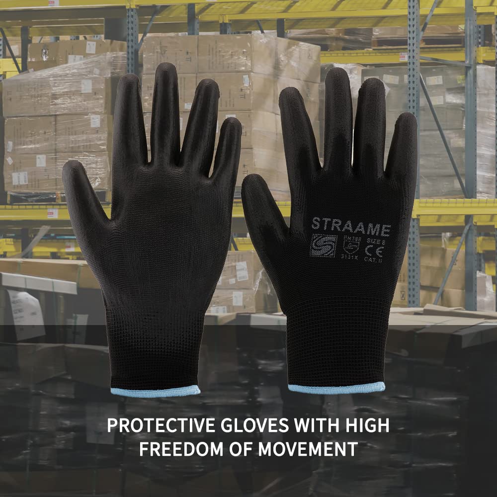 Straame Black Work Gloves, 12 Pairs, PU Coated Nylon, Non-Slip Grip, Size S