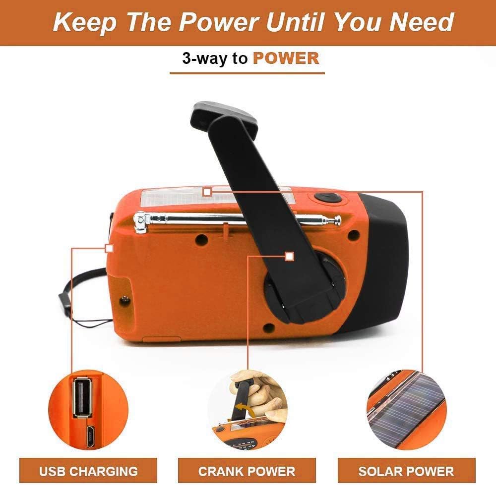SOLARBABY Wind Up Solar Radio, Emergency Hand Crank Self Powered AM/FM Survival Solar Weather Radio with LED Flashlight,SOS Alarm,2000mAh Emergency Power Bank for Smart Phone (M-Orange)