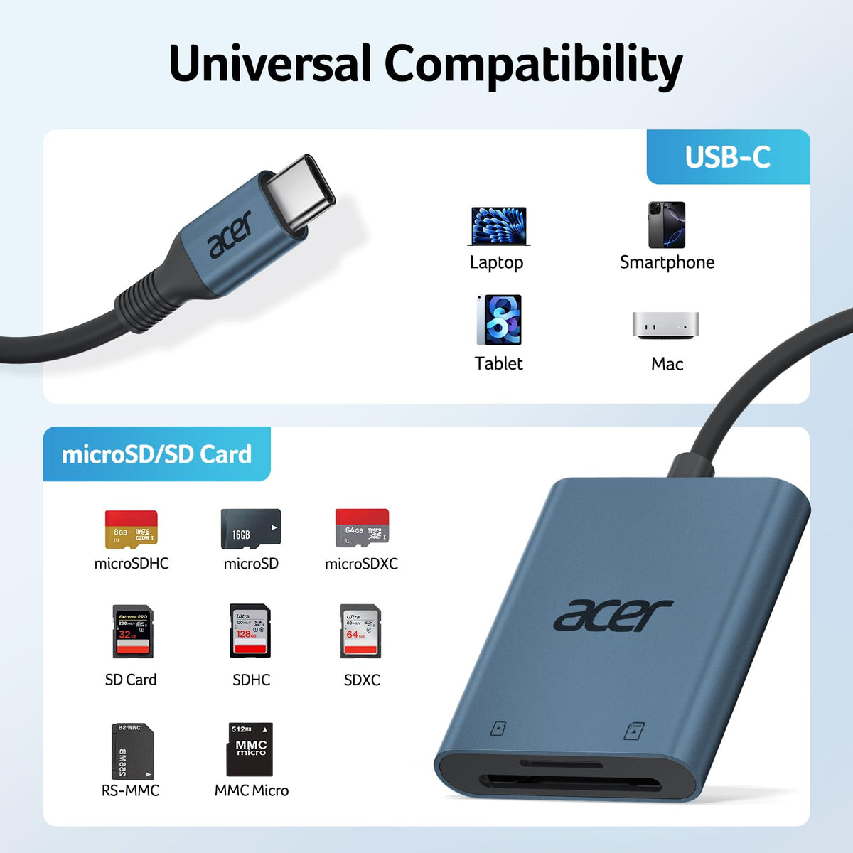 acer USB-C SD Card Reader 170MB/s, Type-C Micro SD Card Adapter Aluminium