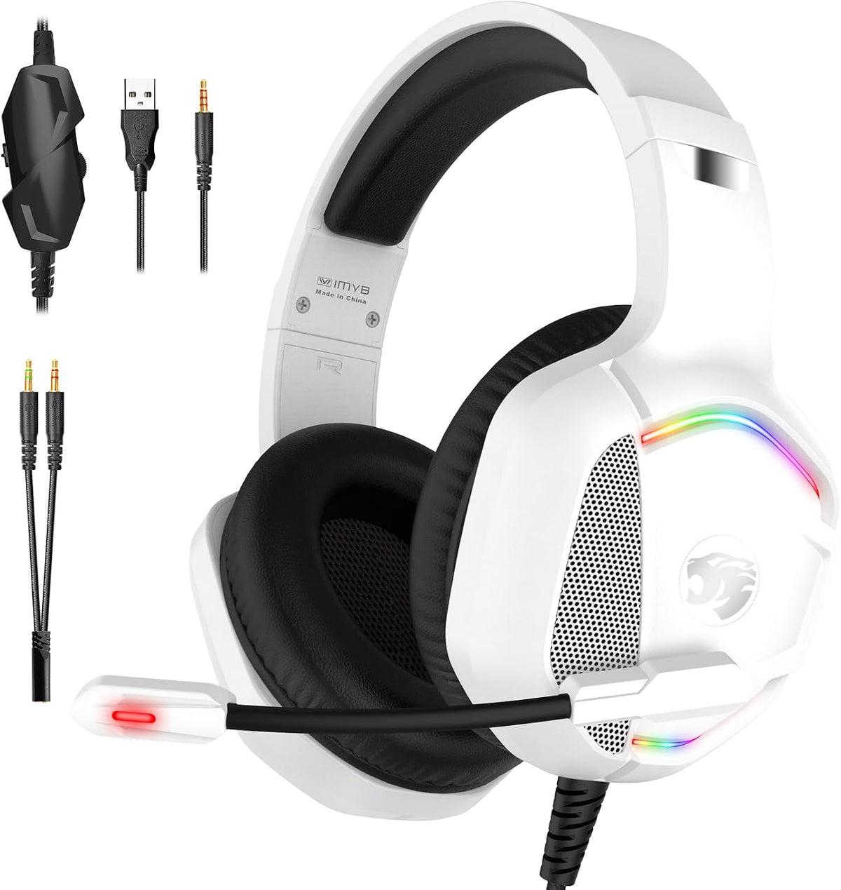 IMYB Gaming Headset with Microphone for Pc, Xbox One Series X/s, Ps4, Ps5, Stereo Wired Noise Cancelling Over-Ear Headphones with Mic, RGB, for Computer, Laptop, Mac, Gamer (White)