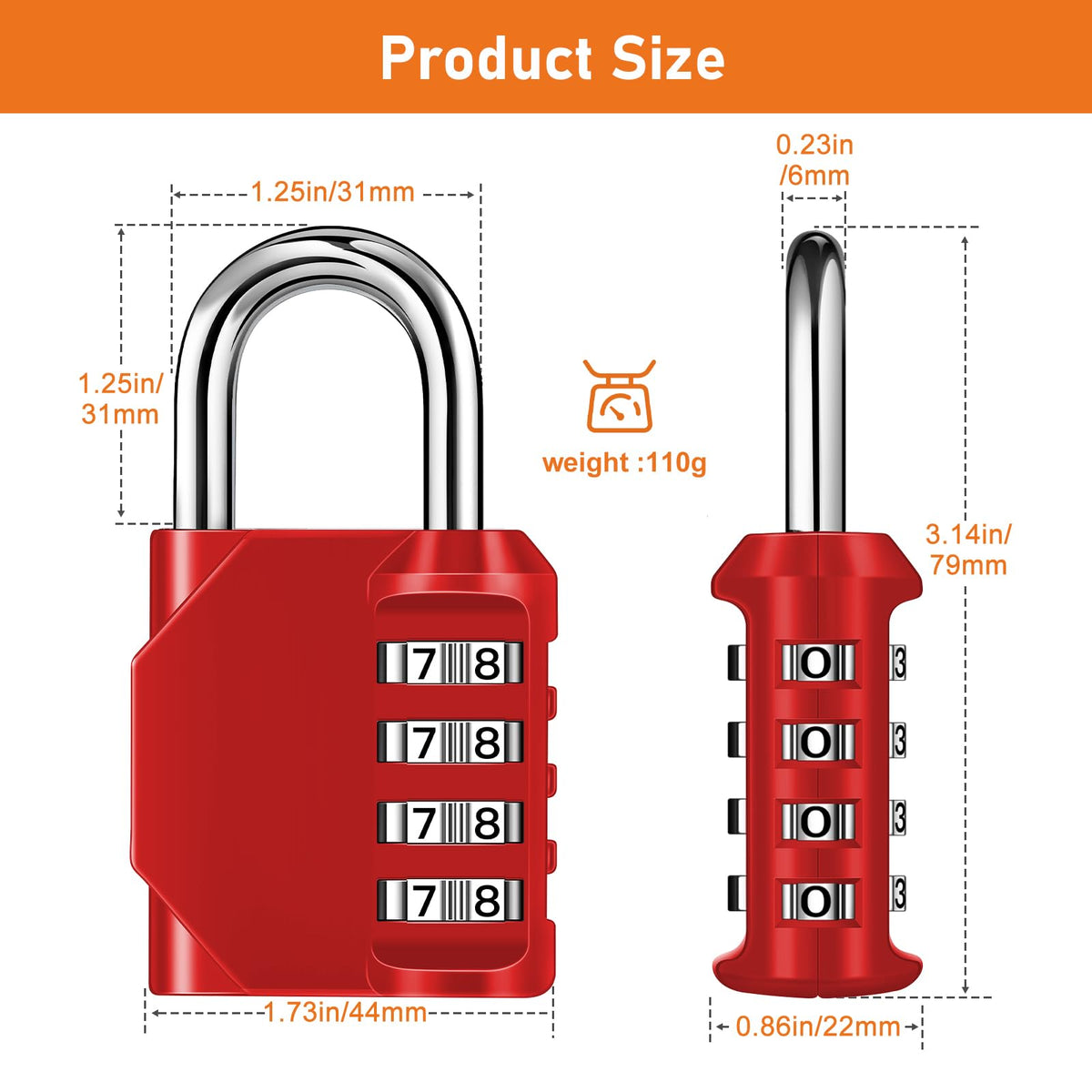 NAGE Padlocks with Code, Combination Lock 4 Digit Gym Locker (1P, Red)