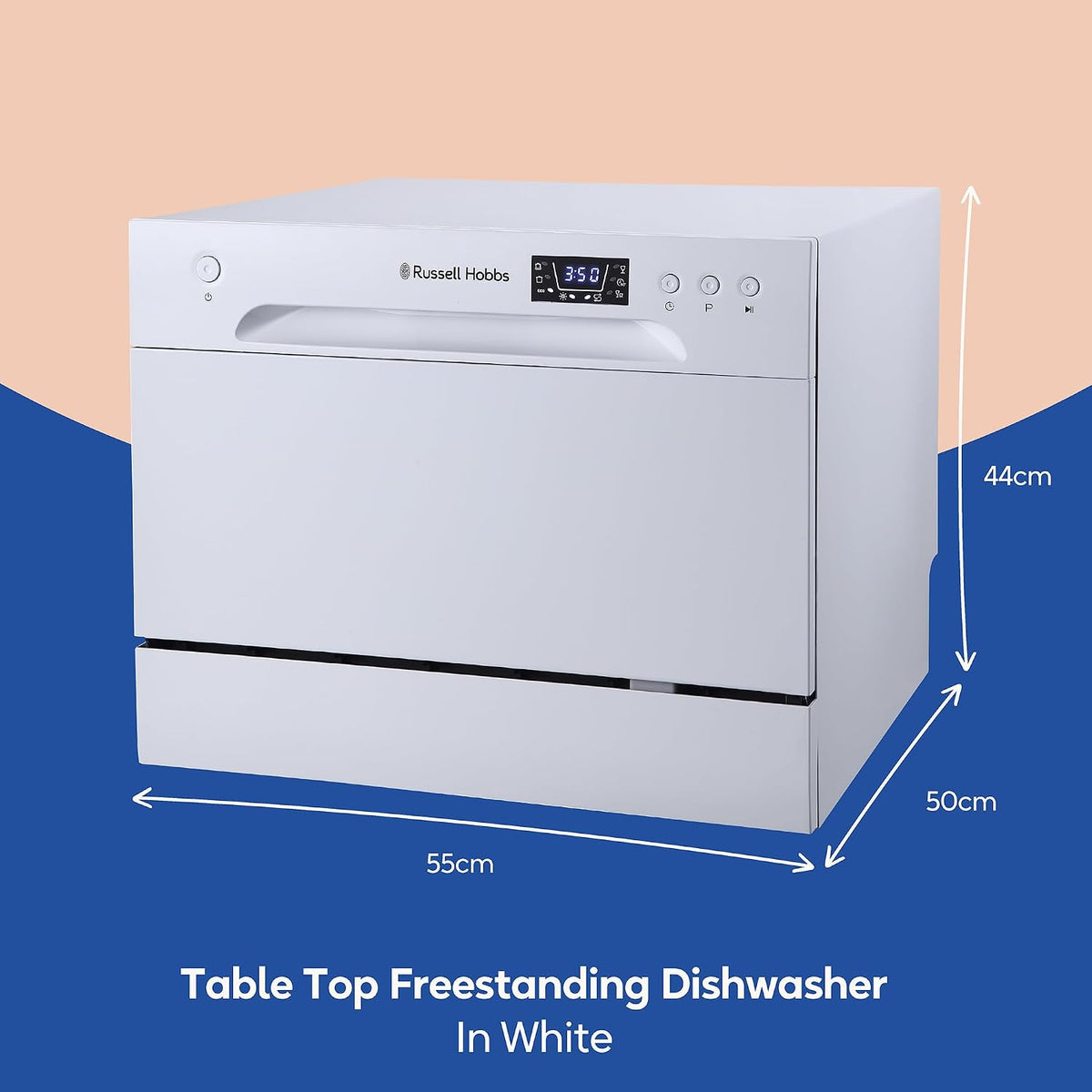 Russell Hobbs Table Top Dishwasher Compact Mini with 6 Place Settings, LED Display, Button Control, 6 Programmes, Portable & Efficient, 24hr Timer, Rinse & Eco Mode in White, RH6TTDW0D1W