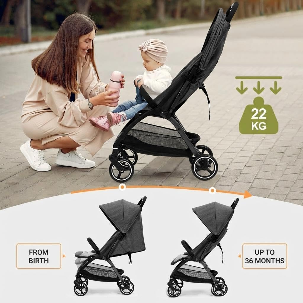 Lightweight Pushchair, Travel Stroller with 3 Recline Positions, Fully Reclining From Birth Up to 22 kg, Baby Stroller with Cup Holder & EVA Shock Absorbing Wheels, One-Click Foldable for Easy Carry-B