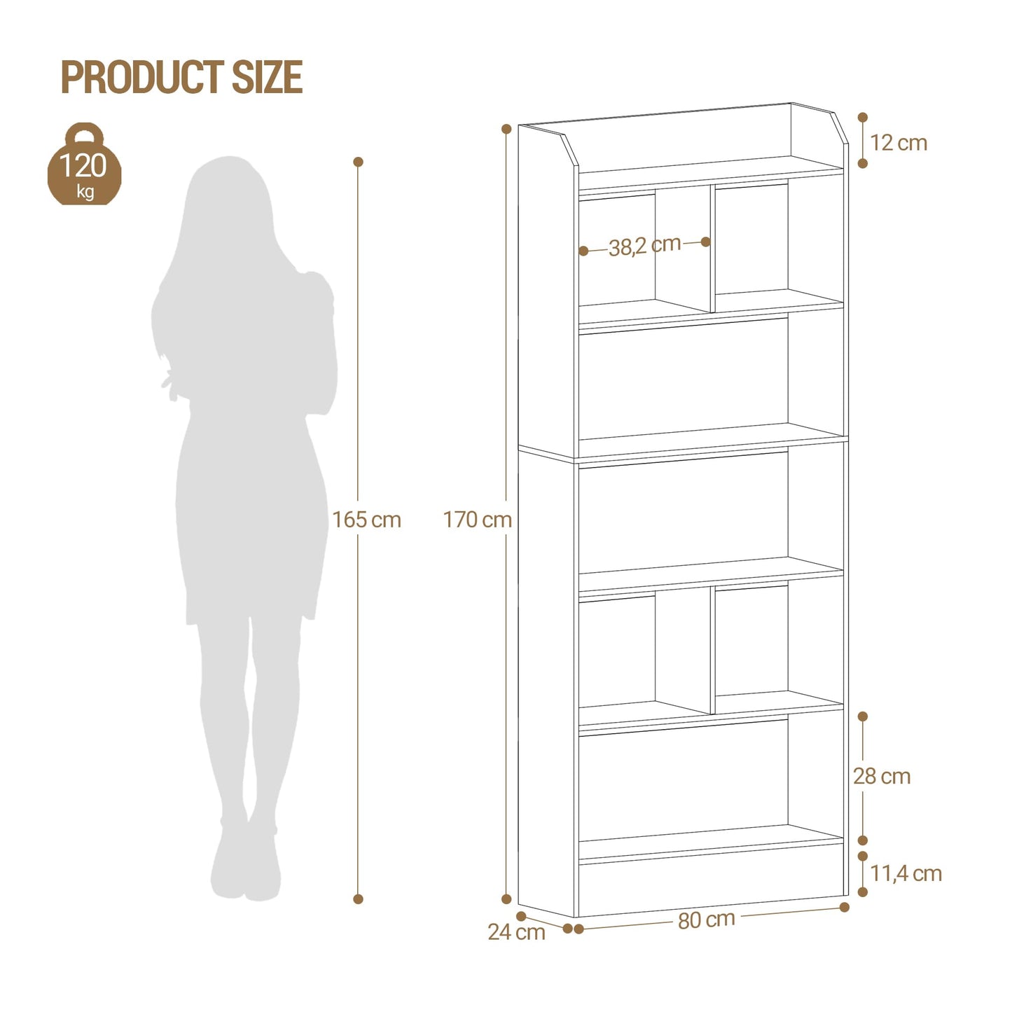 Hzuaneri 6-Tier Bookcase, Bookshelf with 8 Adjustable Storage Shelf Unit, White Bookcase for Living Room, Home Office, Bedroom, Study, 24 x 60 x 199 cm, White, BC11703X