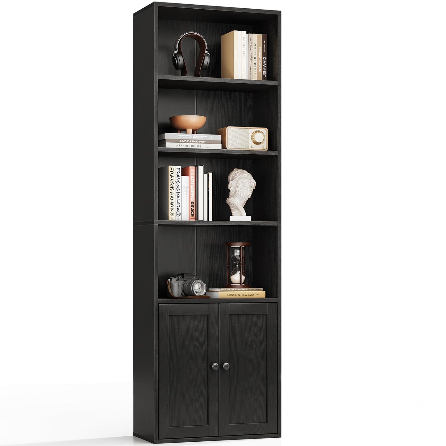 Coleshome 6-Tier Bookcase with Doors and Cabinet, Bookshelf Floor Standing Display Storage Shelf, Bookcases for Home, Office, Living Room, Bedroom, White, 48 x 24 x 176.4