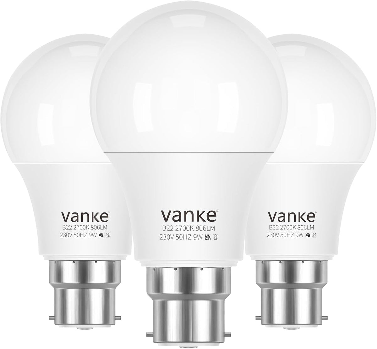 Vanke Bayonet Light Bulb, 9W(60W Equivalent), Warm White 2700K, 3-Pack