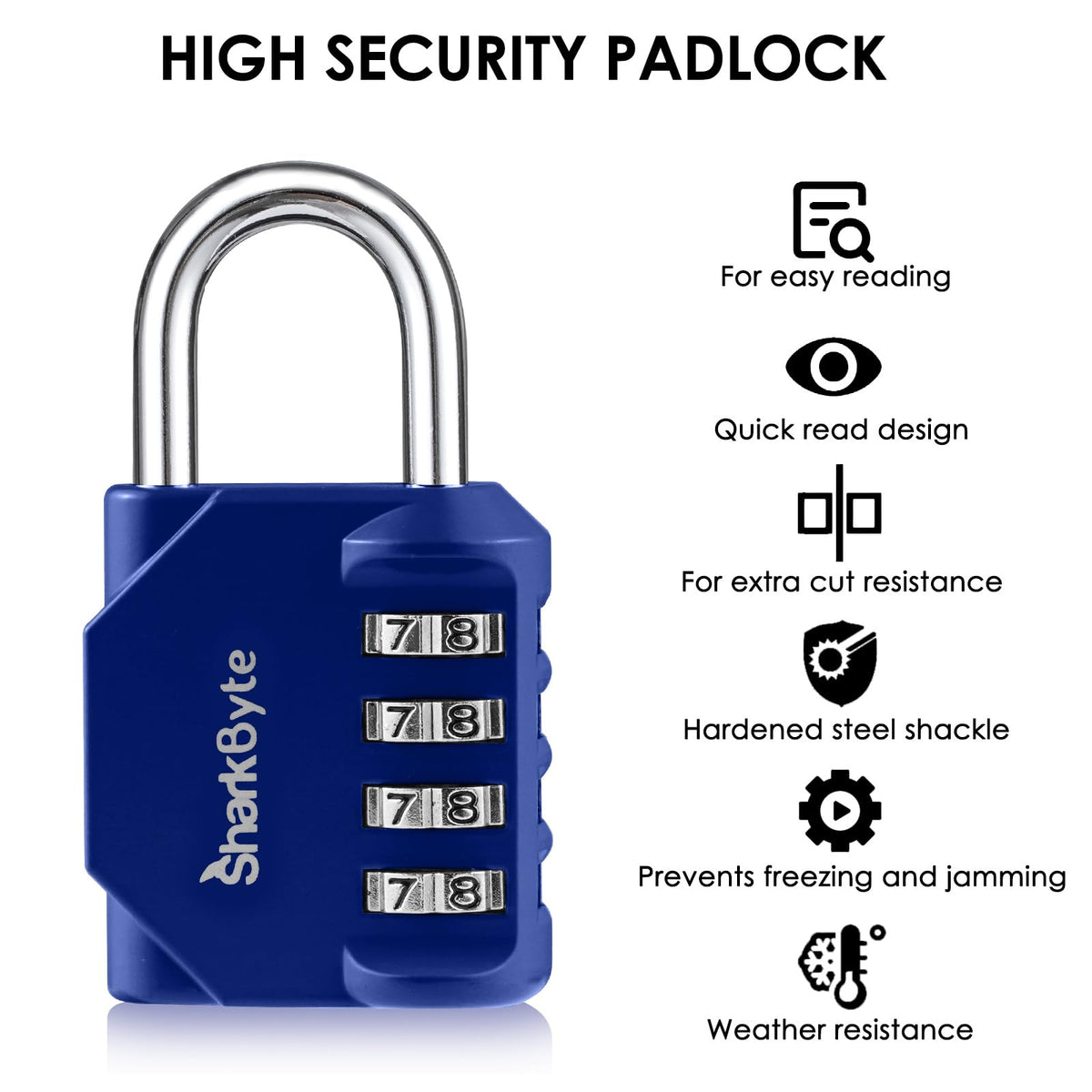 SharkByte Heavy Duty Combination Padlock – 4-Digit Weatherproof Outdoor Lock with Stainless Steel Shackle, Anti-Rust Resettable Code for Gym, School, Locker, Shed, Toolbox, Gate & Warehouse - Red