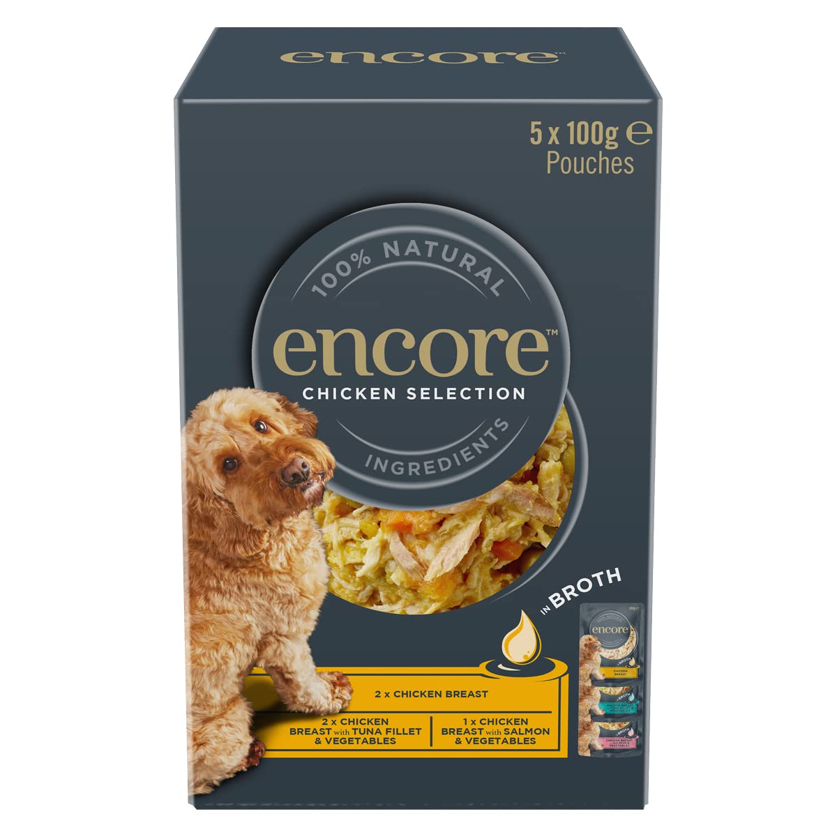 Encore 100% Natural Wet Dog Food, Chicken with Fish Selection in Broth 100g Pouch (Pack of 15x100g)