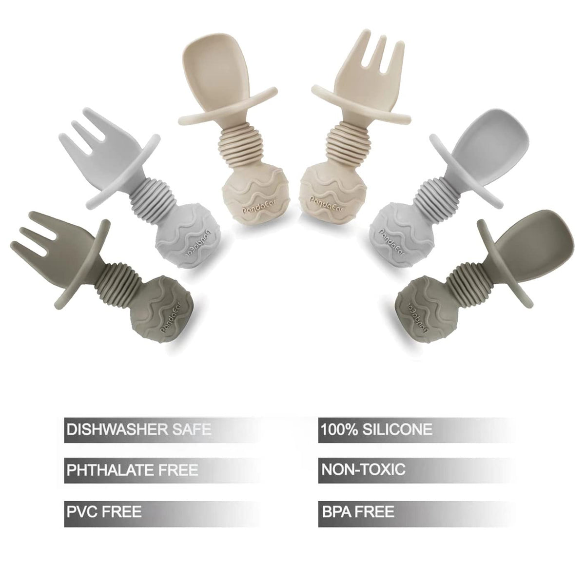 PandaEar 6 Pack Silicone Baby Weaning Spoons and Forks Set| Toddler Cutlery Self Feeding Spoons for Baby| Anti-Choke Design for Baby Led Weaning 3 Months Plus (Blue Green Tan)