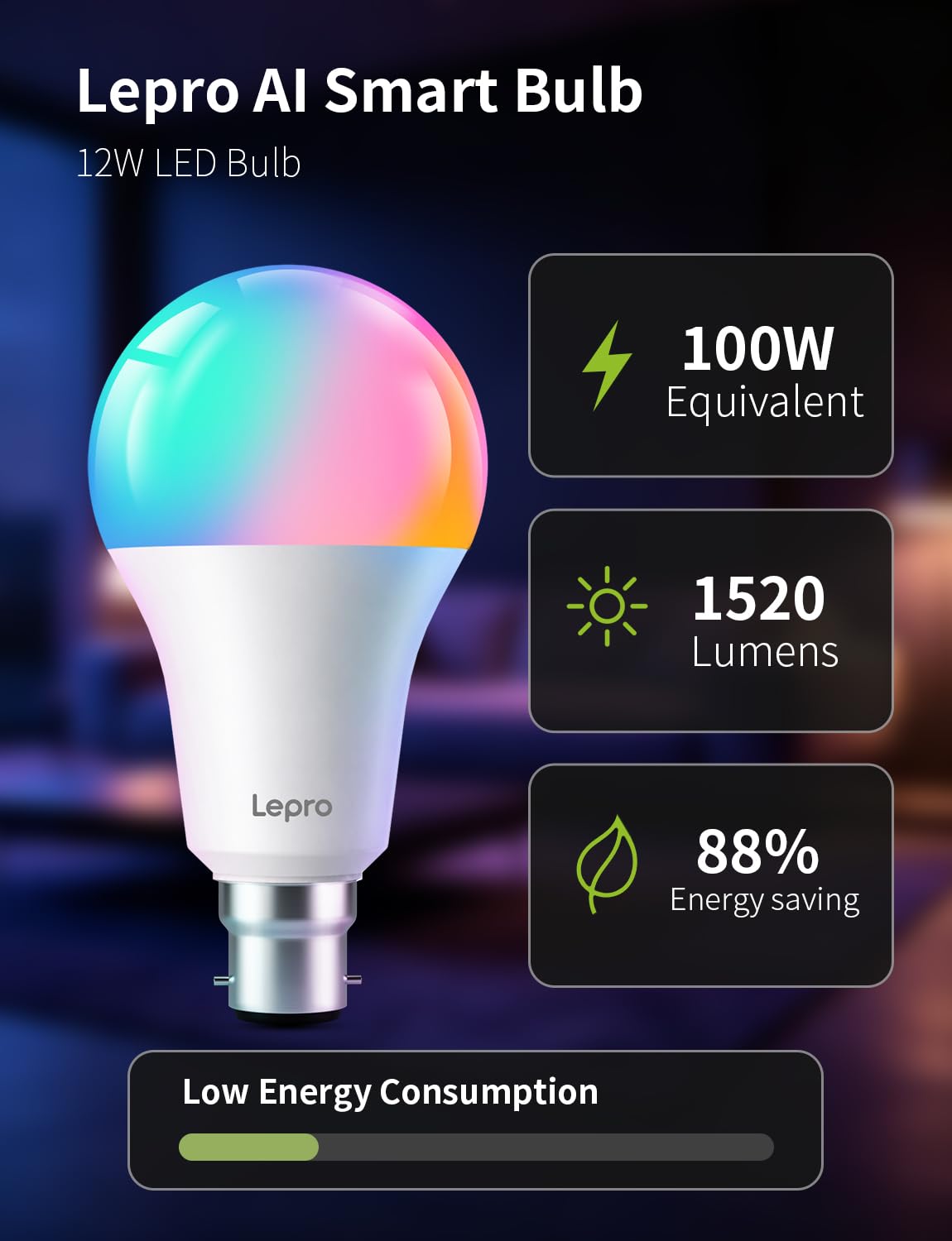 Lepro E27 Smart Bulbs, 806lm 8.5W, RGB Colour Changing, AI Lighting, 2 Pack
