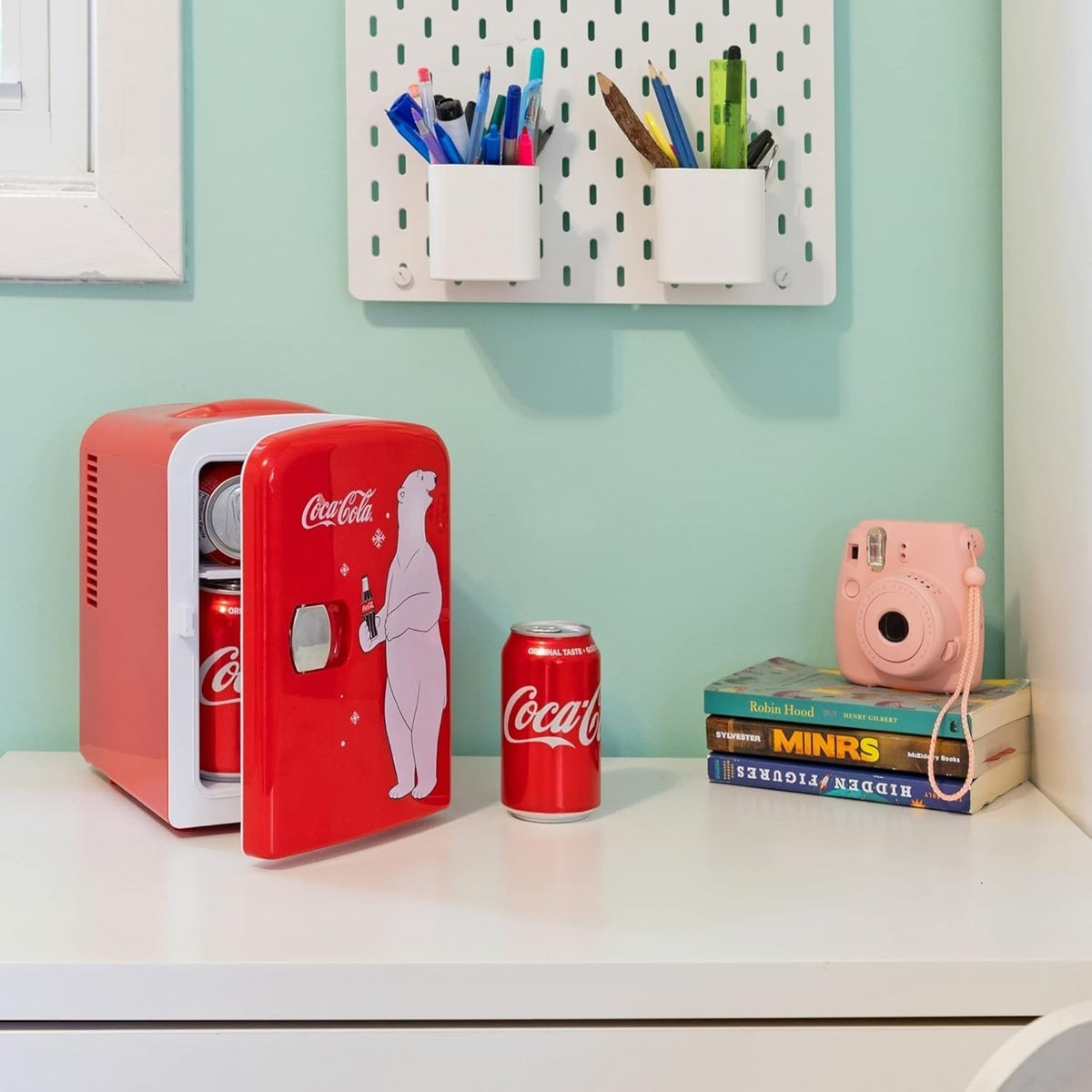 Mini Fridge For Bedrooms 4L Small Fridge 6 Can Table Top Quiet Mini Fridges For Skincare Office Food Drinks Kids Home Car & Travel 12v Portable Cooler Warmer Refrigerator by Coca-Cola, PB Red