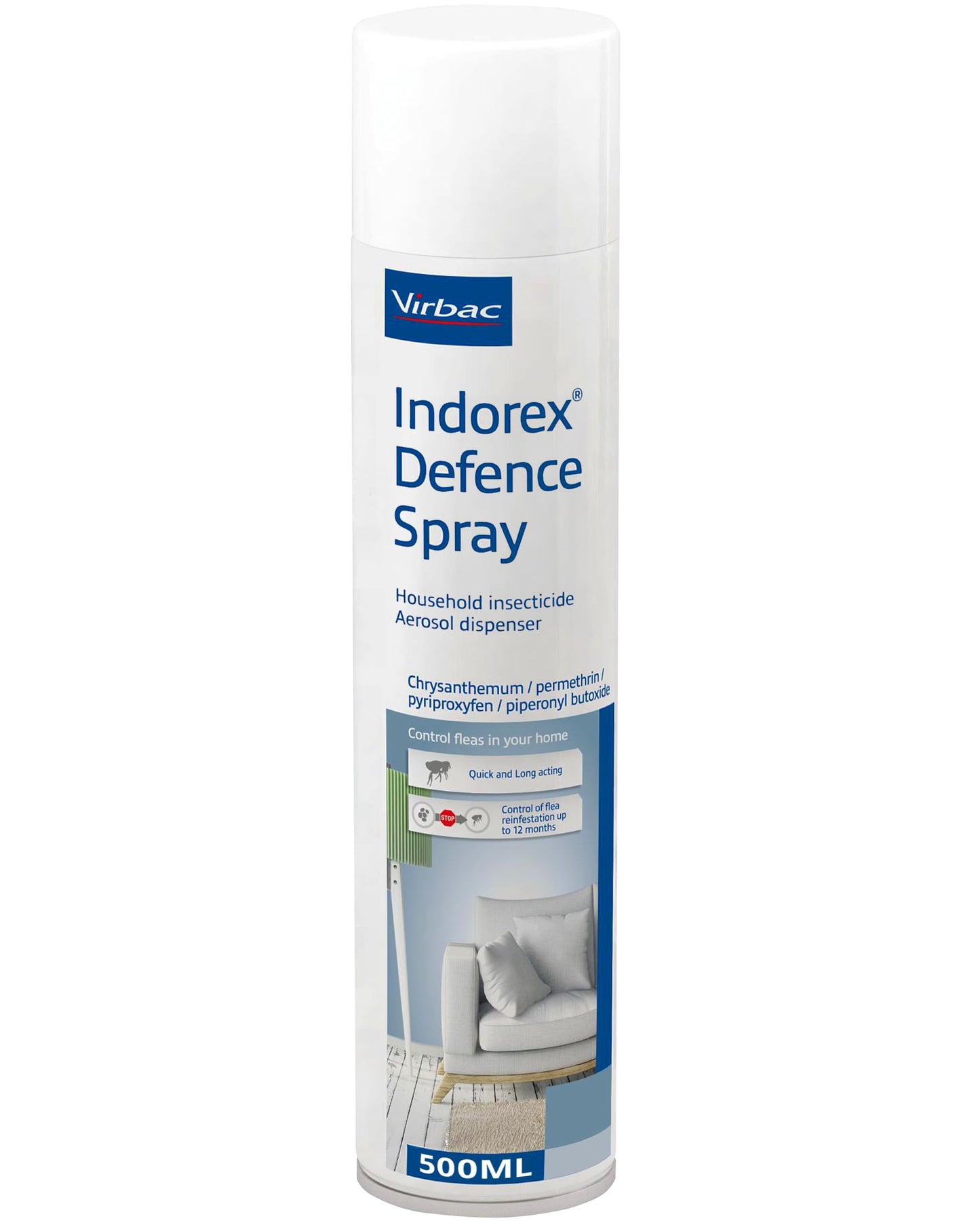 Virbac Indorex Defence Flea Spray for the Home – Long-Lasting 12-Month Protection Against Fleas and Dust Mites – 2 x 500ml Can