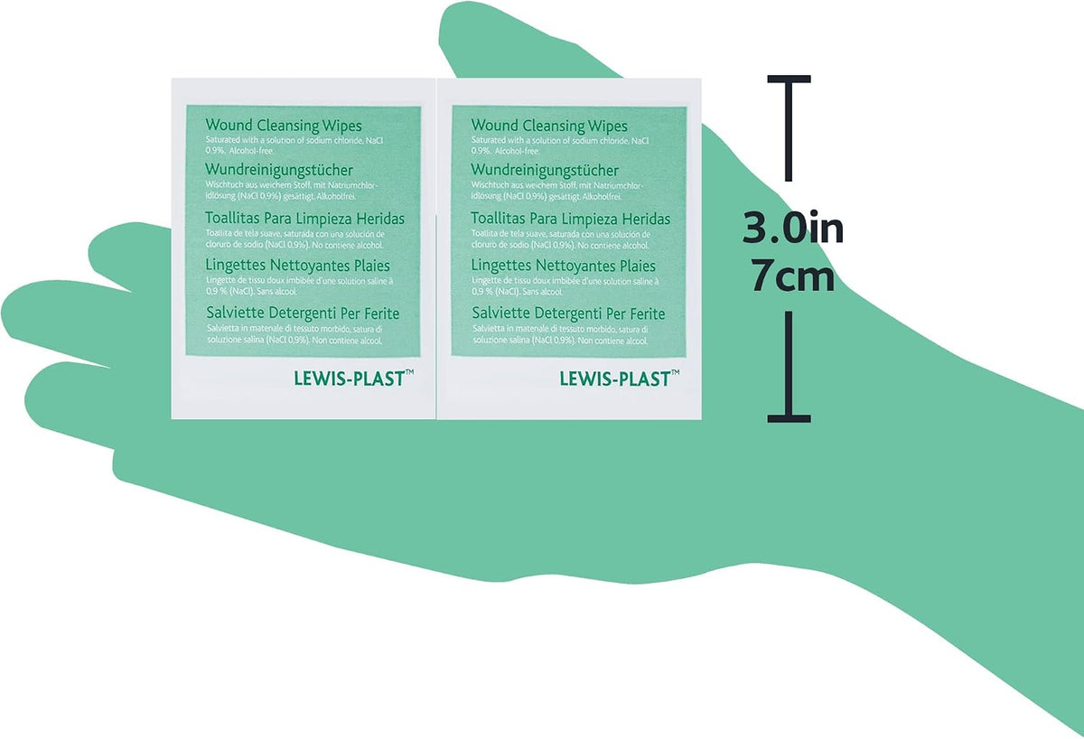 Lewis-Plast Alcohol-Free Sterile Saline Wipes, First Aid Wound Cleansing Wipes for Cuts, Grazes & Minor Injuries, Individually Wrapped, Box of 100