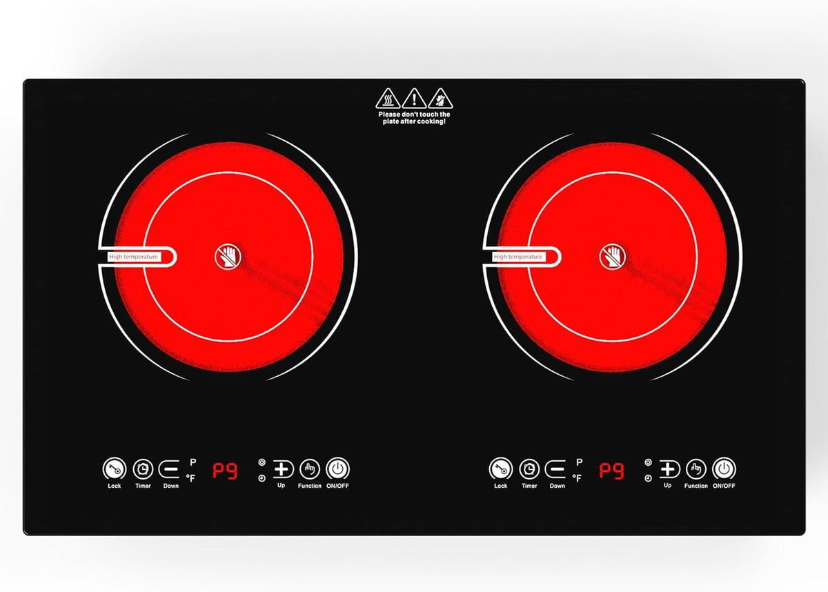 VBGK Portable Ceramic Hob, 2000W Portable Electric Hob, Electric Ceramic Hob, Single Cooking Zone with LED Display, 4-Hours Timer, Safety Lock, Residual Heat Indicator