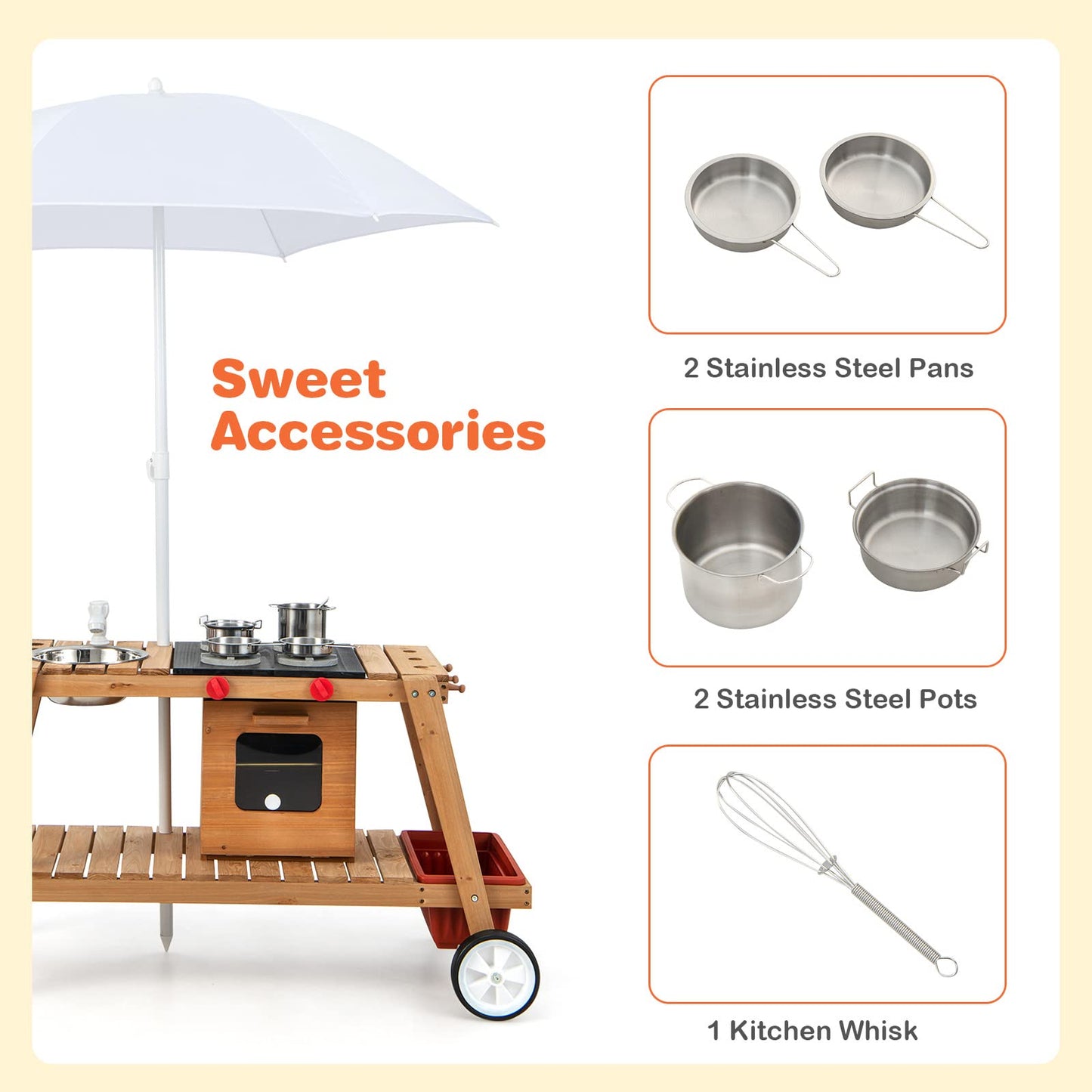 COSTWAY Wooden Mud Kitchen, Outdoor Kitchen Playset with Umbrella, Sink, Storage Cabinet and Accessories, Wheeled Role Pretend Cooking Cart for Kids Toddlers (Natural+White)
