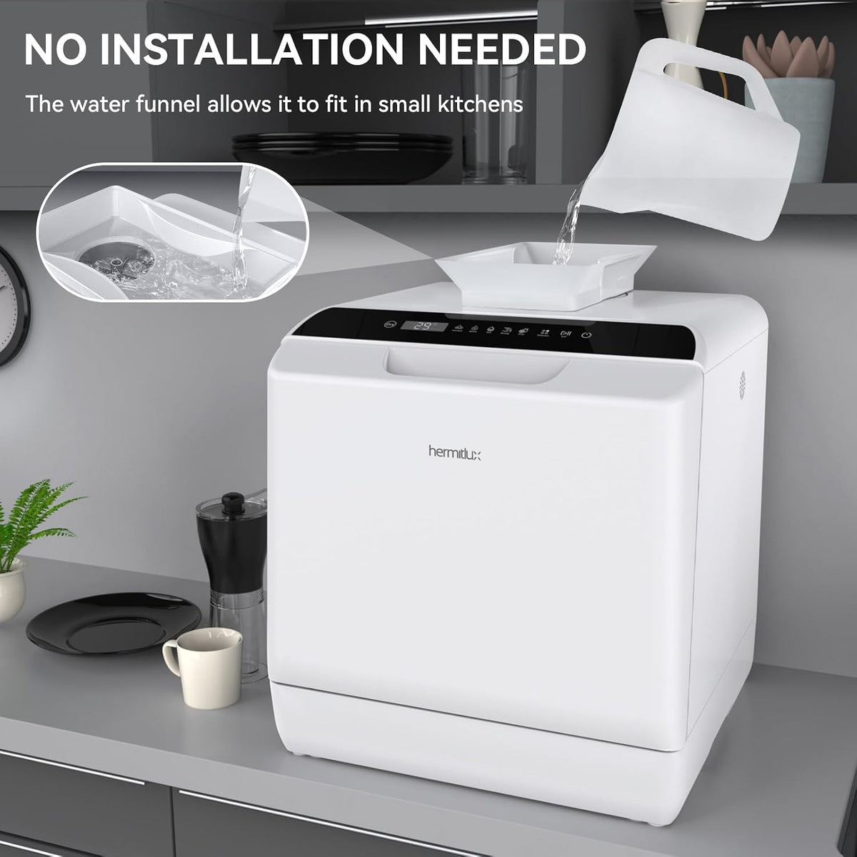 Hermitlux Table Top Dishwasher, Mini Countertop Dishwasher with 4 Place Settings, 5L Built-in Water Tank, 6 Programmes, Touch Control, Baby Care and Fruit Wash, White