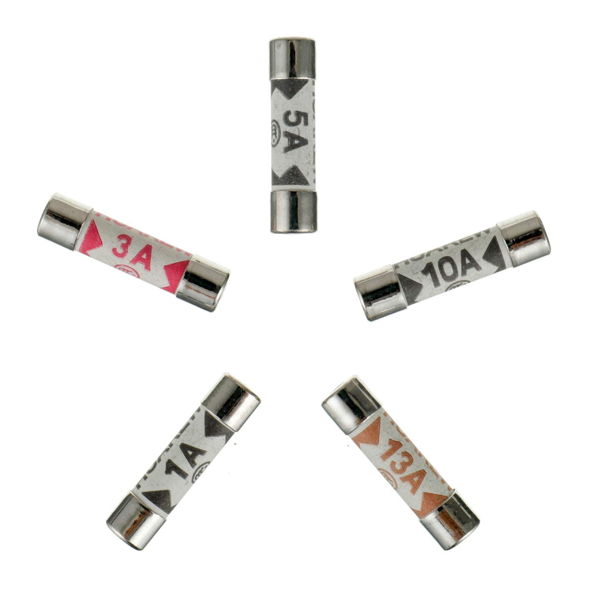 5 Values 100 Pcs 6.3x25 mm BS1362 1 3 5 10 13 A amp 240 V volt 0.248x0.984 Inch Ceramic Tube Fuses Assortment Kit