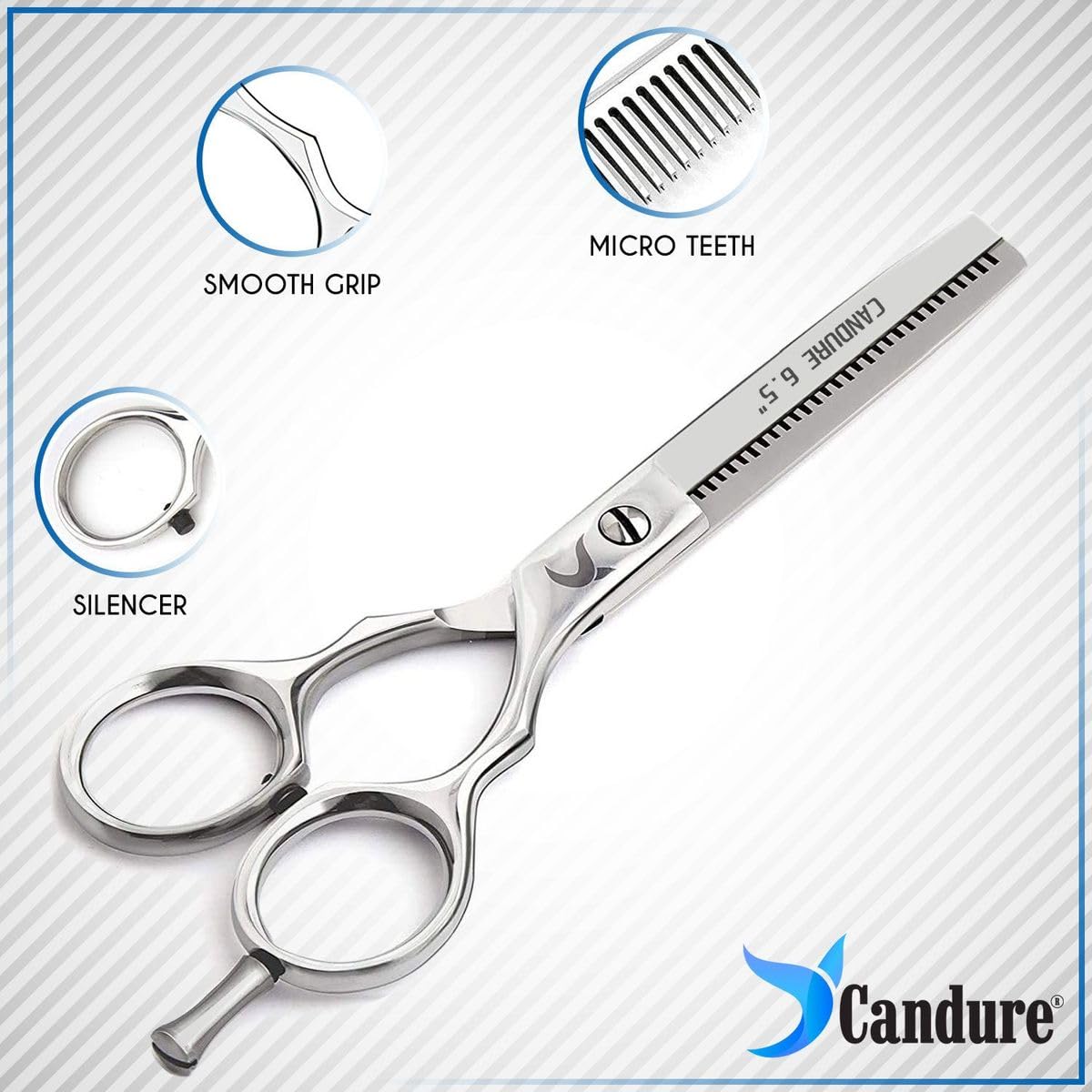 Candure Hairdressing Scissor with Comb & Leather Pouch 6.5" - Hair Scissor for Professional Hairdressers, Barbers Stainless Steel Hair Cutting Shears for Salon, Men, Women, Children and Adults Black