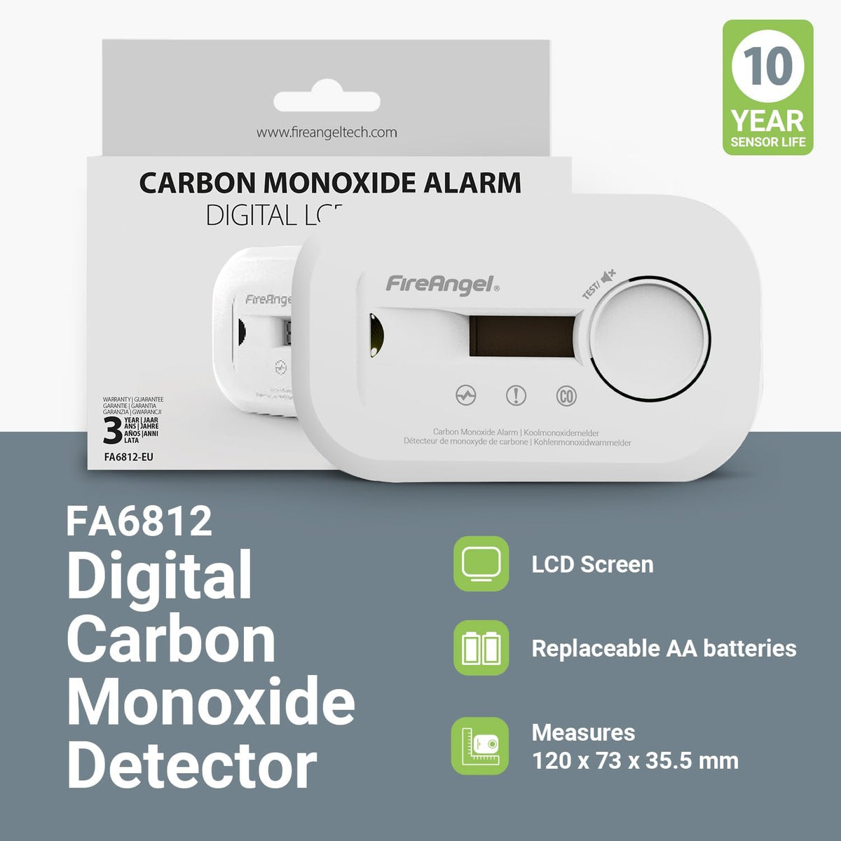 FireAngel FA6812 Digital Carbon Monoxide Detector for Home, 10yr CO Alarm