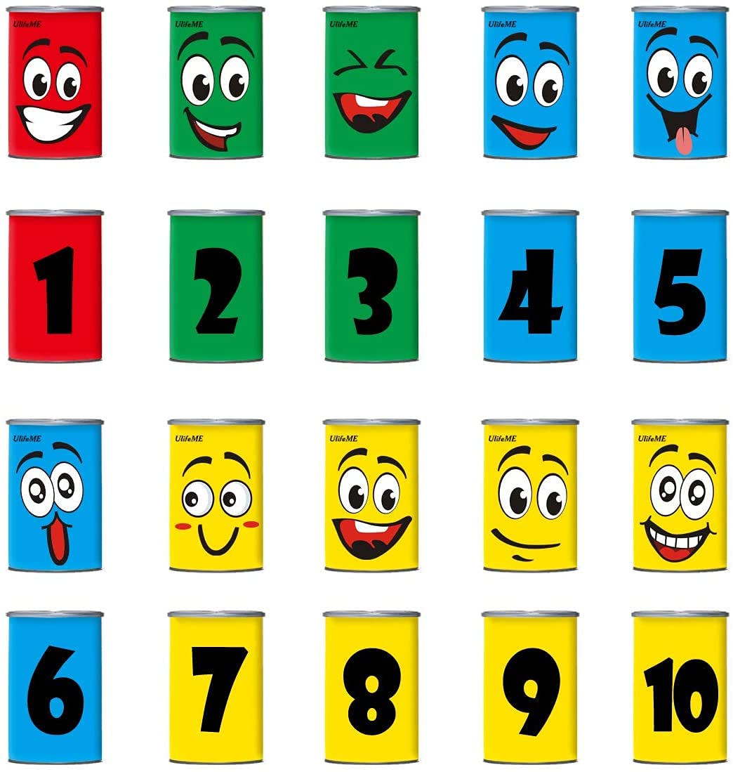 Tin Can Alley Game, Outdoor Garden Target Shooting Fairground Games for Kids & Children, Garden Party Toys Gift for Boys & Girls: 10pcs Fun Smile Knock Down Tin Cans and 3pcs Beanbags