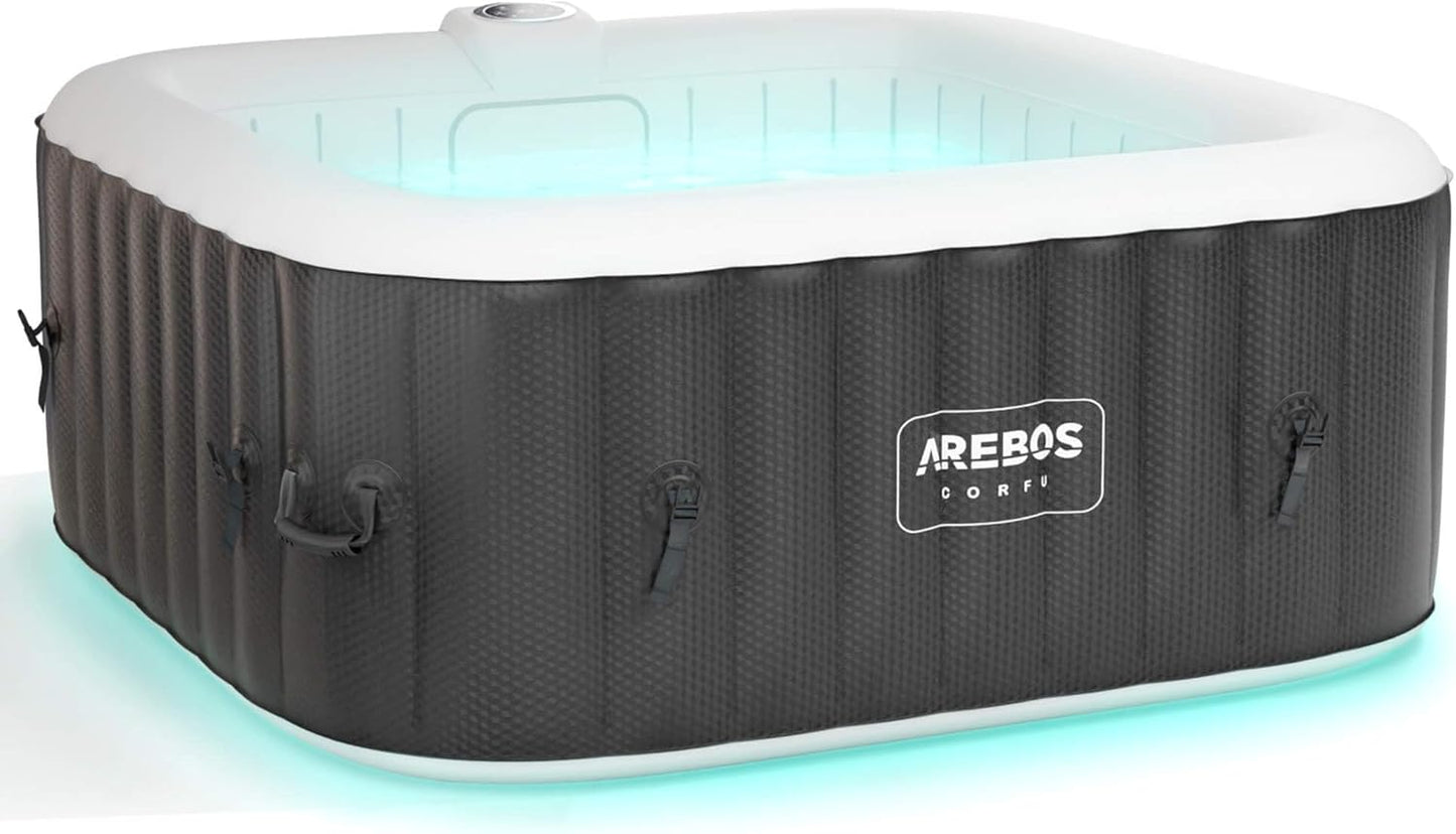 Arebos Inflatable Hot Tub | Indoor & Outdoor Spa Pool | 154 x 154 cm | with LED lighting | square |4 persons | 100 massage jets | with heating | 600 L | Incl. cover | Bubble Spa & Wellness Massage