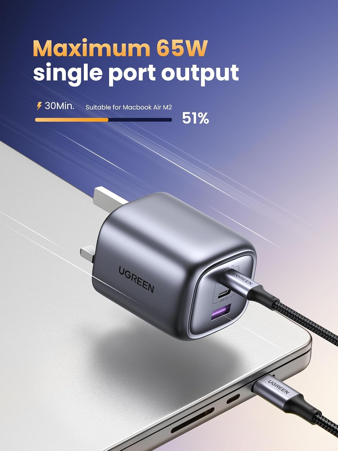 UGREEN USB C Plug 65W Nexode Foldable GaN Fast Charger 3-Port Charger