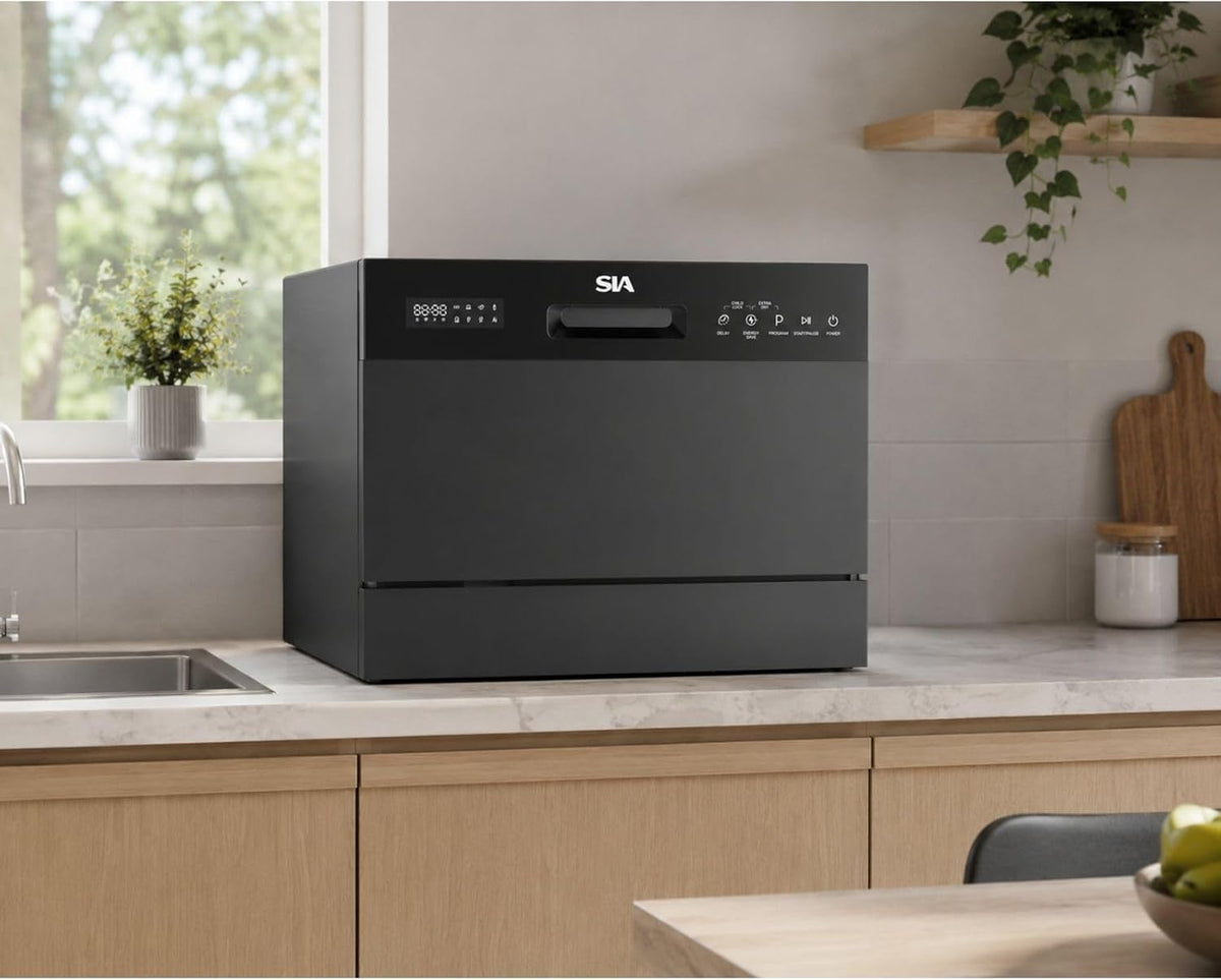 SIA TTD6BL Black Table Top Mini Dishwasher, 8 Programs, 6 Place Settings, Touch Control, Ideal for Kitchen Counter Top, Caravans, Mobile Homes, 2 Years Parts and Labour Guarantee