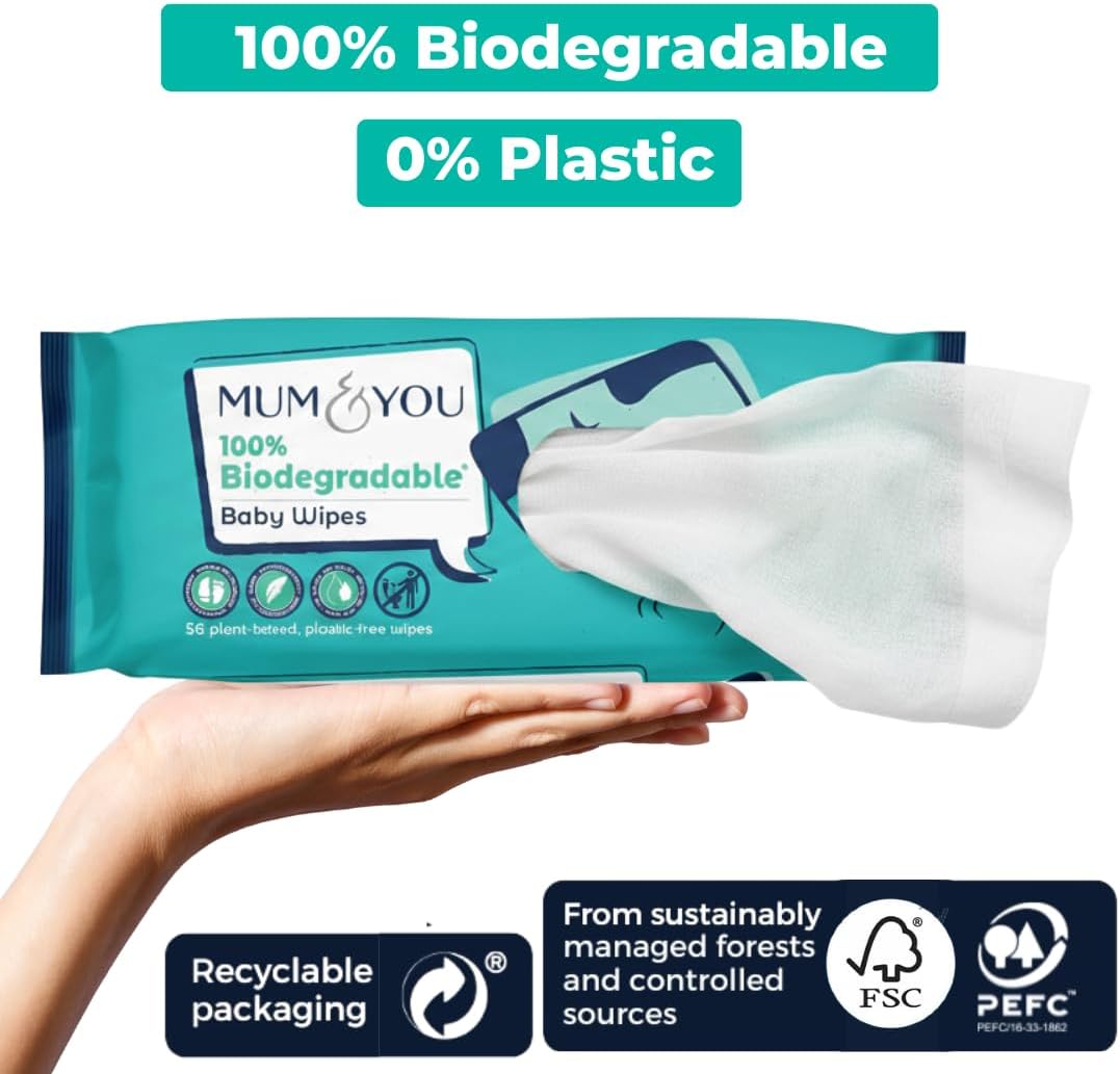 Mum & You Baby Wipes - Biodegradable Wet Wipes | 99.4% Water | Ideal for Sensitive Newborn Skin | 336 Newborn Wipes Bulk, Bum Wipes, Wet Tissue, Plastic free Wet wipes, (56 wipes x 6 packs)