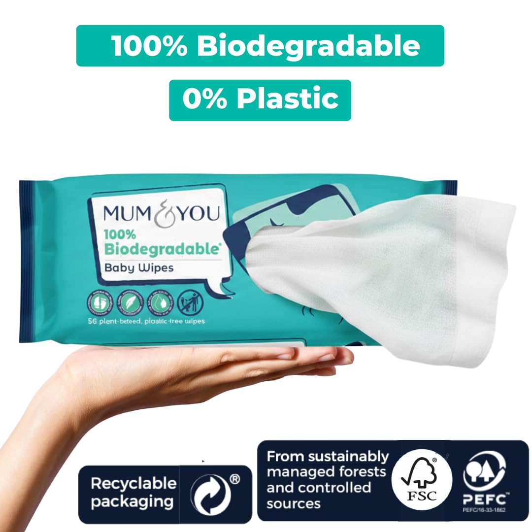 Mum & You Baby Wipes - Biodegradable Wet Wipes | 99.4% Water | Ideal for Sensitive Newborn Skin | 336 Newborn Wipes Bulk, Bum Wipes, Wet Tissue, Plastic free Wet wipes, (56 wipes x 6 packs)